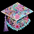 Vibrant Graduation Cap with Intricate Patterns and Cascading Graduation Scrolls