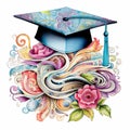 Vibrant Graduation Cap with Intricate Patterns and Cascading Graduation Scrolls