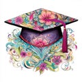 Vibrant Graduation Cap with Intricate Patterns and Cascading Graduation Scrolls