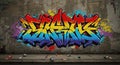 Vibrant graffiti on a concrete wall features dynamic, interlocking letters in a rainbow Royalty Free Stock Photo