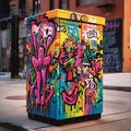 Vibrant graffiti-covered box at the intersection of a bustling city street, AI-generated. Royalty Free Stock Photo