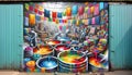 Graffiti mural of a textile dye workshop