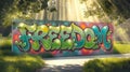 Vibrant graffiti mural featuring the word \'FREEDOM\' surrounded by lush greenery and sunlit rays Royalty Free Stock Photo
