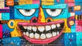 Vibrant graffiti of a whimsical face on an urban brick wall