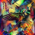 Vibrant graffitistyle bird painting on geometric wall backdrop Royalty Free Stock Photo