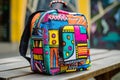 Vibrant graffitistyle lunch bag on wooden bench