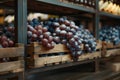 Vibrant grape bunches in wooden crates, cozy rustic setting with natural light for food ads