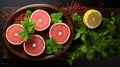 Vibrant Grapefruit And Mint Composition On Dark Background