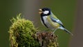 Vibrant Great Tit Perched on Mossy Stump, Singing Beautifully Royalty Free Stock Photo