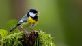 Vibrant Great Tit Perched on Mossy Stump, Singing Beautifully Royalty Free Stock Photo