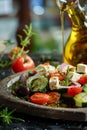 Vibrant greek salad closeup with fresh ingredients and olive oil dressing on bar counter Royalty Free Stock Photo