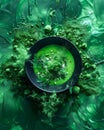 Vibrant Green Abstract Concept Featuring Artistic Presentation of Fresh Pea Soup with Ingredients Explosion