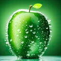 Vibrant green apple adorned with sparkling morning dew in a lush green setting. AI-generated