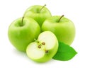 Vibrant green apples and a half with seeds on white background