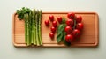 Vibrant green asparagus spears on wooden board, minimalist composition, sharp focus, fujifilm xt4