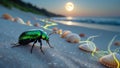 Emerald Green Beetle on Seashore at Sunset Royalty Free Stock Photo