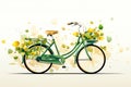 Vibrant green bicycle amidst a whimsical array of floating leaves