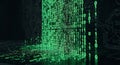 Cascading bright green binary code streams onto a dark digital circuit board surface Royalty Free Stock Photo