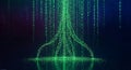 Vibrant green binary code streams converge dramatically onto a dark digital circuit background Royalty Free Stock Photo
