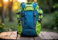 Bright green and blue hiking backpack with multiple compartments on a wooden Royalty Free Stock Photo