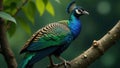A vibrant green and blue peacock perched on a tree branch in a lush natural setting. Generative AI Royalty Free Stock Photo