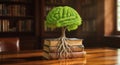 Vibrant green brain tree with roots entwined in old books on a library table, symbolizing knowledge and learning Royalty Free Stock Photo