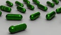 Vibrant green capsules against a gray backdrop