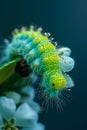 Vibrant Green Caterpillar Close up on White Flower Against Dark Background Royalty Free Stock Photo