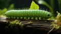 Vibrant Green Caterpillar On Wood: Stunning Vray Tracing Environmental Portrait