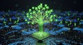 Digital Tree of Life Growing from Computer Chip with Glowing Circuits and Bokeh Lights technology Royalty Free Stock Photo