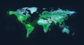 High-tech digital world map glows green, depicting global network infrastructure and interconnected communication routes. Royalty Free Stock Photo