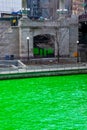 A vibrant green dyed Chicago River on St. Patrick`s Day