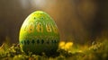 Vibrant green easter egg with intricate patterns on mossy ground in sunlight, concept of happy easter celebration Royalty Free Stock Photo