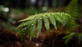 Vibrant green fern frond in dewy forest, new life emerging generated by AI