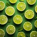 Vibrant green Flat lay composition of sliced lime on green backdrop
