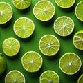 Vibrant green Flat lay composition of sliced lime on green backdrop