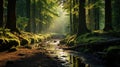 A vibrant green forest with water puddles after rain