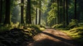 A vibrant green forest with water puddles after rain