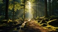 A vibrant green forest with water puddles after rain