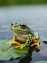 Vibrant green frog with orange spots resting on a water lily pad in a pond Generative AI Royalty Free Stock Photo