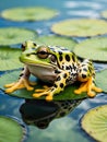 Vibrant green frog with orange spots resting on a water lily pad in a pond Generative AI Royalty Free Stock Photo