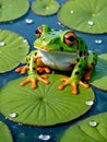 Vibrant green frog with orange spots resting on a water lily pad in a pond Generative AI Royalty Free Stock Photo