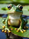 Vibrant green frog with orange spots resting on a water lily pad in a pond Generative AI Royalty Free Stock Photo