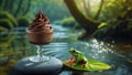 Delicious Chocolate Mousse Dessert by the Creek with a Green Tree Frog Royalty Free Stock Photo
