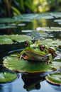 A Vibrant Green Frog Resting on a Lily Pad in a Serene Pond Setting Royalty Free Stock Photo