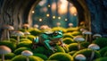A Curious Emerald Frog Exploring a Mystical Forest Path with Glowing Lights Royalty Free Stock Photo