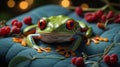 Red Eyed Tree Frog Resting Amongst Berries and Bokeh Lights, A Vibrant Portrait Royalty Free Stock Photo