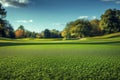 Vibrant green golf course extending into the distance under a clear blue sky, with trees lining the horizon Royalty Free Stock Photo