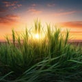 Vibrant Green Grass At Sunset: Realism With Surrealistic Elements