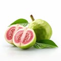 Vibrant Green Guava With Delicate Leaves On White Background